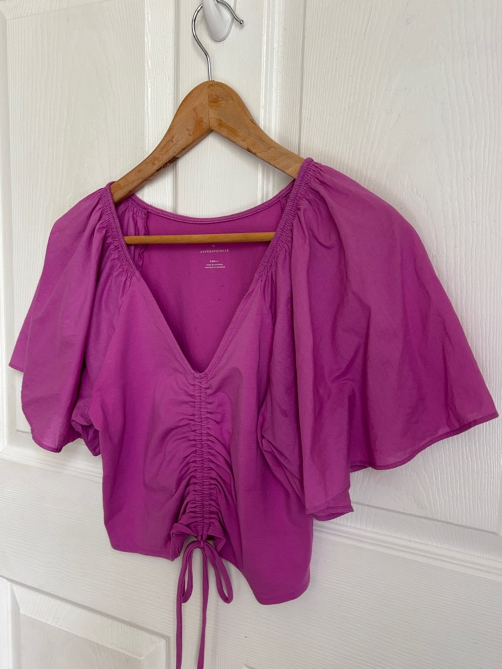 Anthropologie Maeve Magenta Ruched Drawstring V-Neck Crop Top Flutter Sleeve Sm - Picture 6 of 10